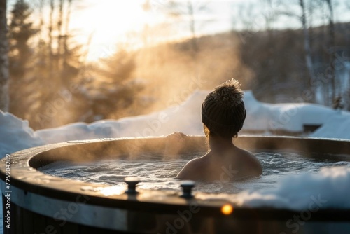 A woman sitting in a hot tub with steam coming out of it. Generative AI.