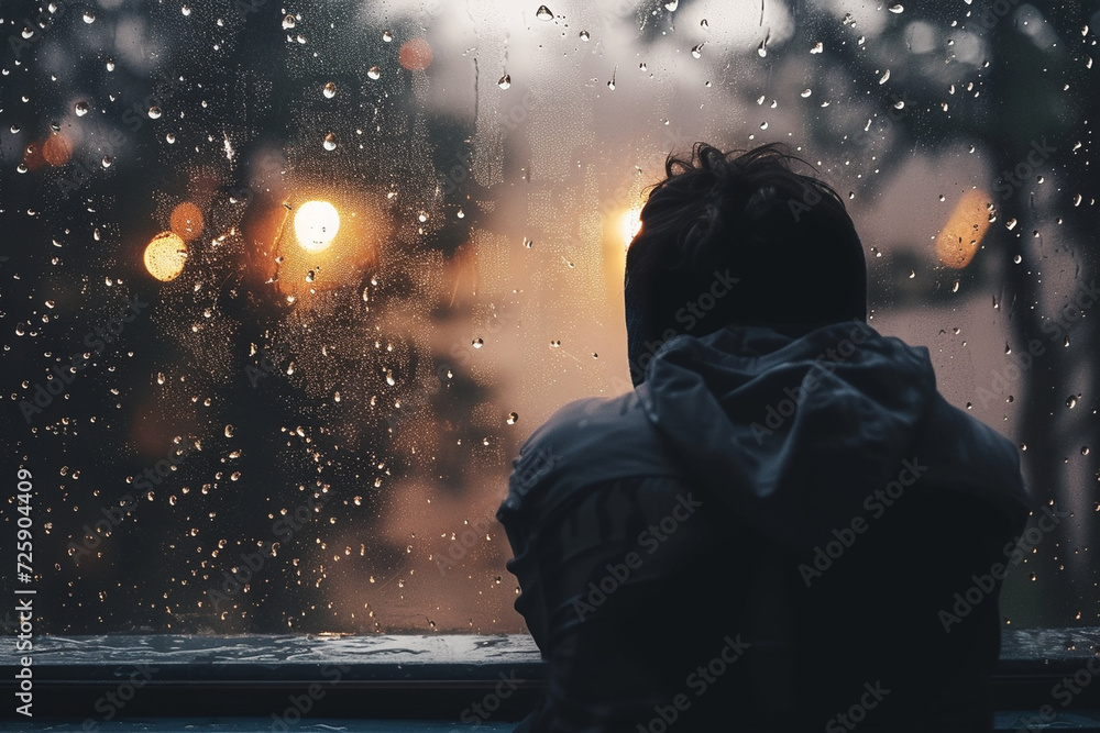 person sitting alone by a window, with raindrops on the glass, reflecting the emotional storm of losing love for life person sitting alone by a window, with raindrops on the glass, reflecting the emotional storm of losing love for life