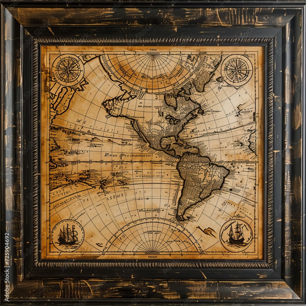 Fototapeta premium Vintage Framed World Map Showpiece with Detailed Cartography, Nautical Compasses and Latitude Longitude Lines
