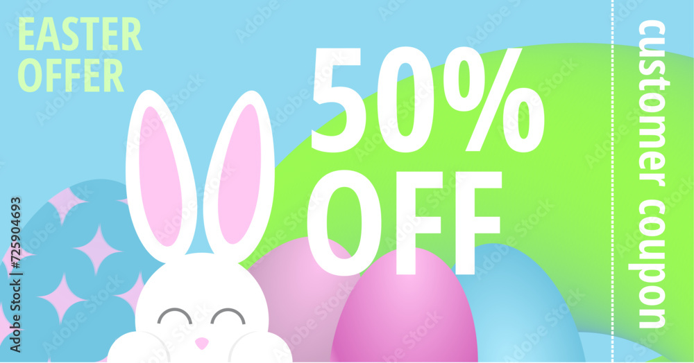 Sweet easter sale illustration with color Painted Egg and white rabbit on blue background. Vector Easter Holiday Design Template for Coupon, Banner, Voucher or Promotional Poster. Bunny. Sweet easter sale illustration with color Painted Egg and white rabbit on blue background. Vector Easter Holiday Design Template for Coupon, Banner, Voucher or Promotional Poster. Bunny.