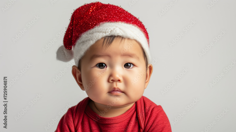 Portrait of an asian baby with a christmas hat on white studio background Portrait of an asian baby with a christmas hat on white studio background