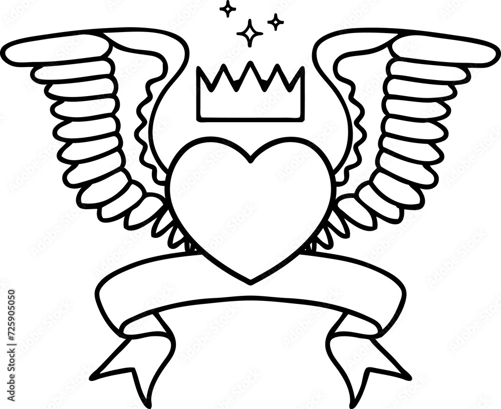 Obraz premium black linework tattoo with banner of a heart with wings