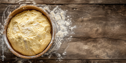 Artisanal Yeast Dough, copy space. A close-up image of freshly kneaded yeast dough resting in a bowl, ready for baking, set on a kitchen countertop. photo
