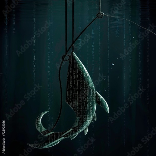 Digital Phishing Concept with a Hooked Cyber Fish in Binary Code Waters photo