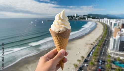 Mão segurando um cone de sorvete e ao fundo uma paisagem tropical urbana photo