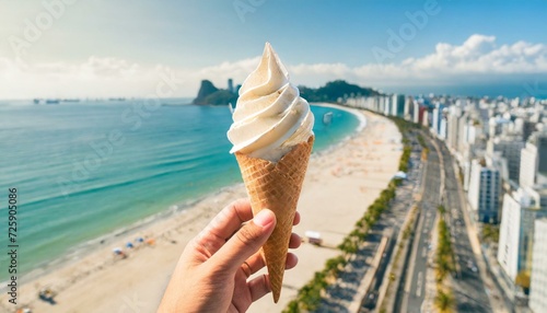 Mão segurando um cone de sorvete e ao fundo uma paisagem tropical urbana photo