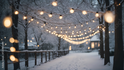 Strings of fairy lights hanging among snow-covered trees in a magical winter wonderland. © xKas