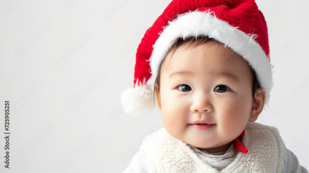 Portrait of an asian baby with a christmas hat on white studio background Portrait of an asian baby with a christmas hat on white studio background