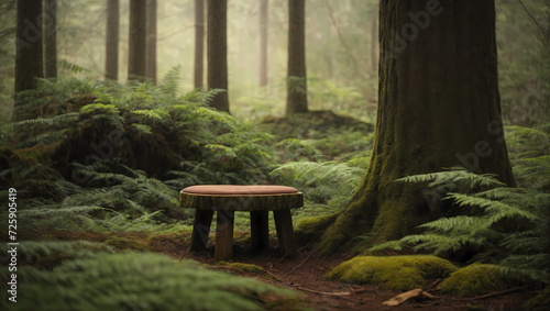 Tree silhouettes, ferns, and a wooden meditation stool in a mystical forest setting, inviting a connection with nature for mindfulness.