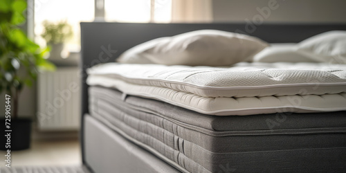 Elegant Quilted Mattress in a Modern Bedroom. A close-up of the new spring sprung sprung mattress. photo