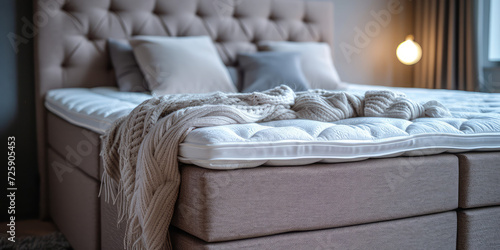 Elegant Quilted Mattress in a Modern Bedroom. A close-up of the new spring sprung sprung mattress. photo