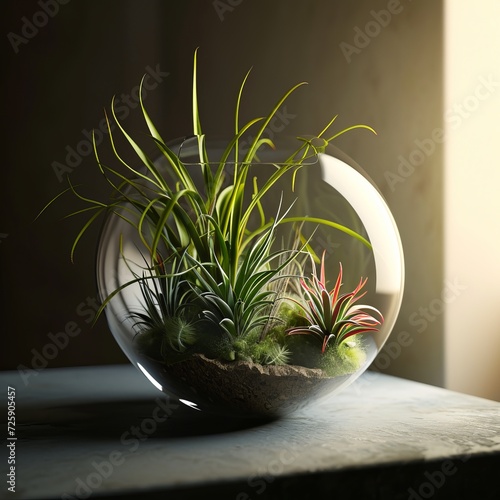 Elegant Glass Terrarium with Vibrant Green and Red Air Plants  Displayed on a Grey Surface with Soft Natural Lighting