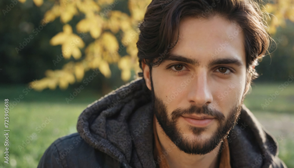 Young Brunette Man with Light Beard and Warm Smile in Green Field - Headshot Portrait Young Brunette Man with Light Beard and Warm Smile in Green Field - Headshot Portrait