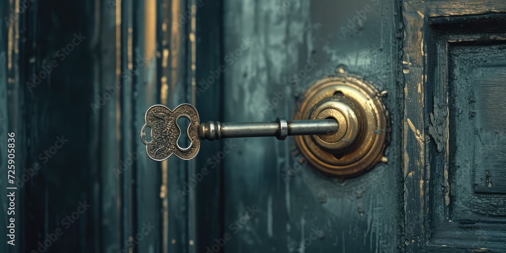 Fototapeta premium Macro Shot of Key, Background with copy space. Close-up image of a detailed metallic key with intricate cuts and grooves.