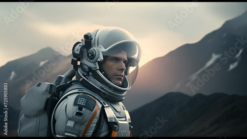 Astronaut exploring an exoplanet. Sci-fi colonist in spacesuit walks on the surface of another planet. People in space. Galactic travel and science concept. photo