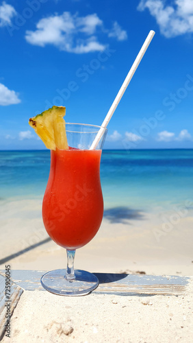 Travel background with drinks Bocal on Caribbean beach.