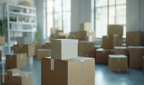 Stack of cardboard boxes in white room with sunlight. Space for text. Box mockup on white © TheoTheWizard