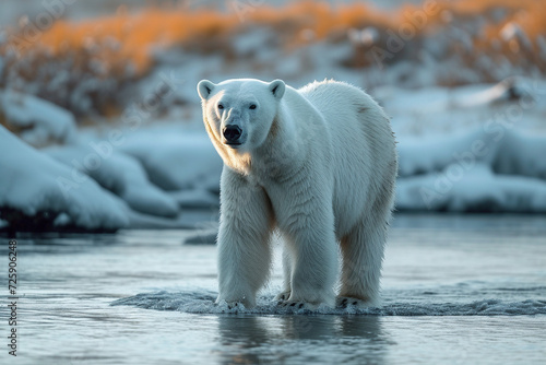Wild adult male polar bear stands at the ice. © Natali08