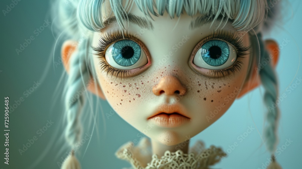 Close-Up of Cartoon Girl with Big Blue Shiny Eyes Close-Up of Cartoon Girl with Big Blue Shiny Eyes