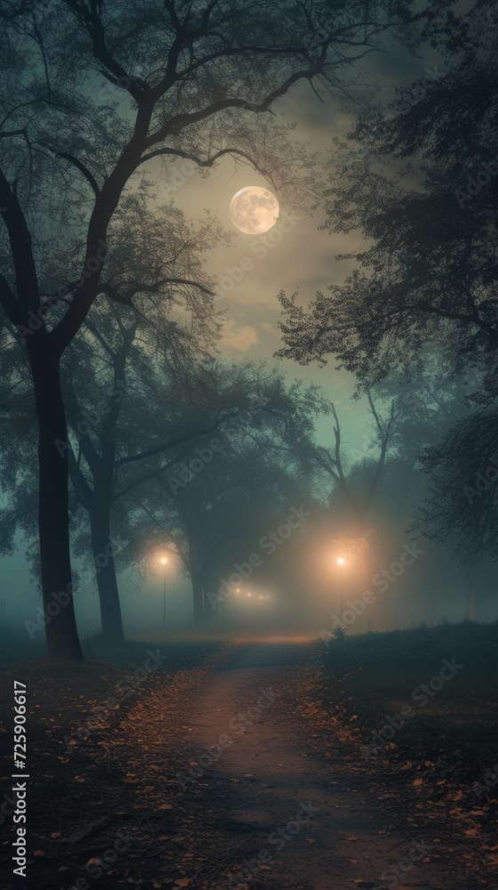 Misty road with low visibility, illuminated by the glow of a full moon in the distance Misty road with low visibility, illuminated by the glow of a full moon in the distance
