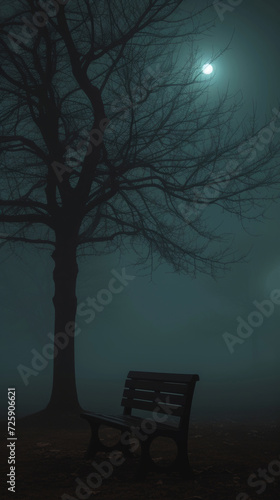 A Bench Under a Tree in a Foggy Night