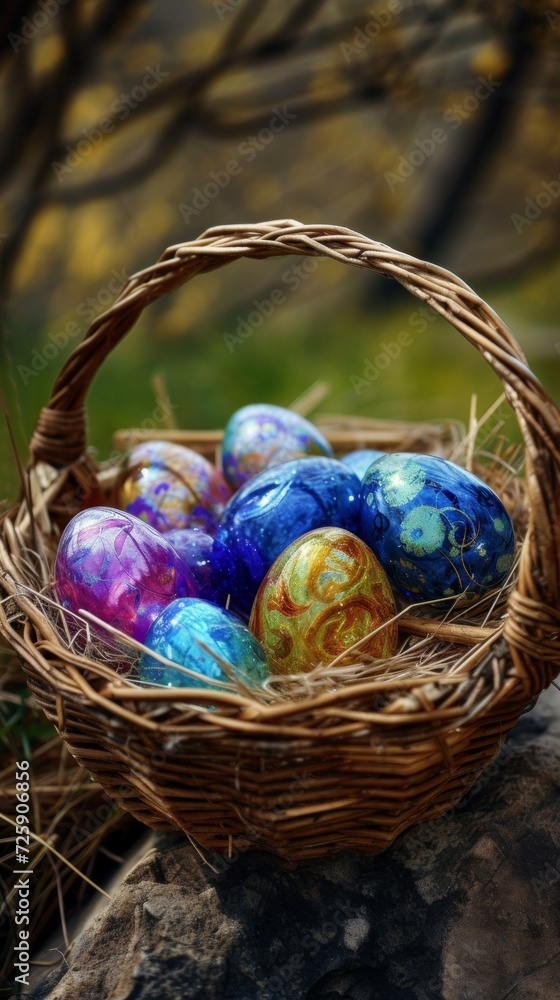 Colorful Painted Eggs in Wicker Basket Colorful Painted Eggs in Wicker Basket