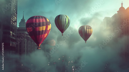 A Group of Hot Air Balloons Flying Over a City
