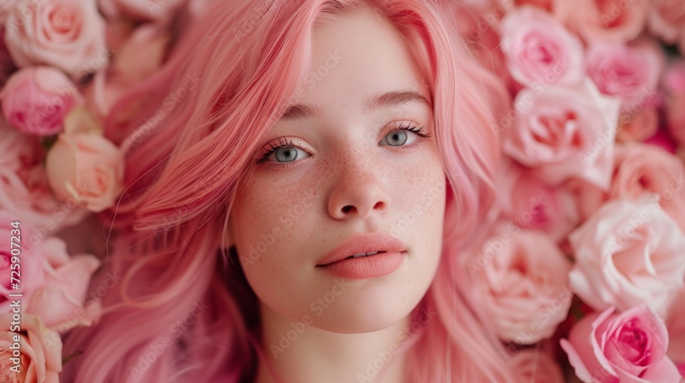 Enigmatic Woman With Pink Hair Surrounded by Blooming Roses