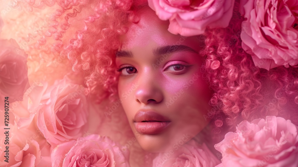 Woman With Pink Curly Hair Standing in Front of Pink Roses Woman With Pink Curly Hair Standing in Front of Pink Roses