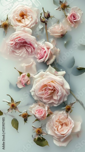 Pink Roses Flowers Lying in Cloudy Water in Bath