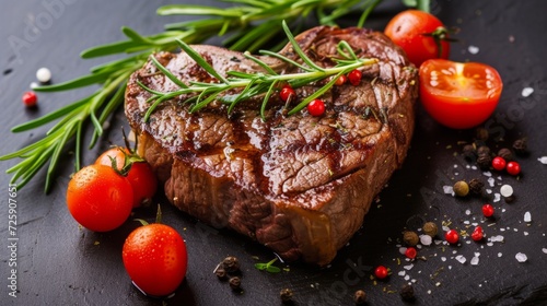 Juicy Steak in the Shape of a Heart With Herbs and Tomatoes