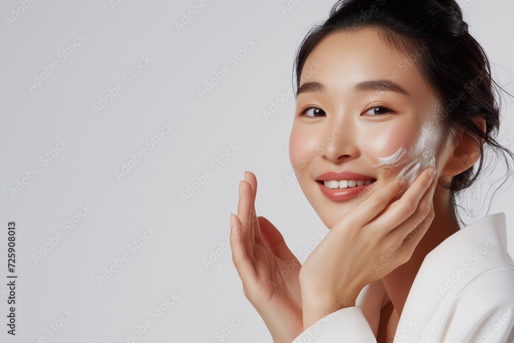 Joyful Asian Woman with Cream on Face, Skincare Bliss
