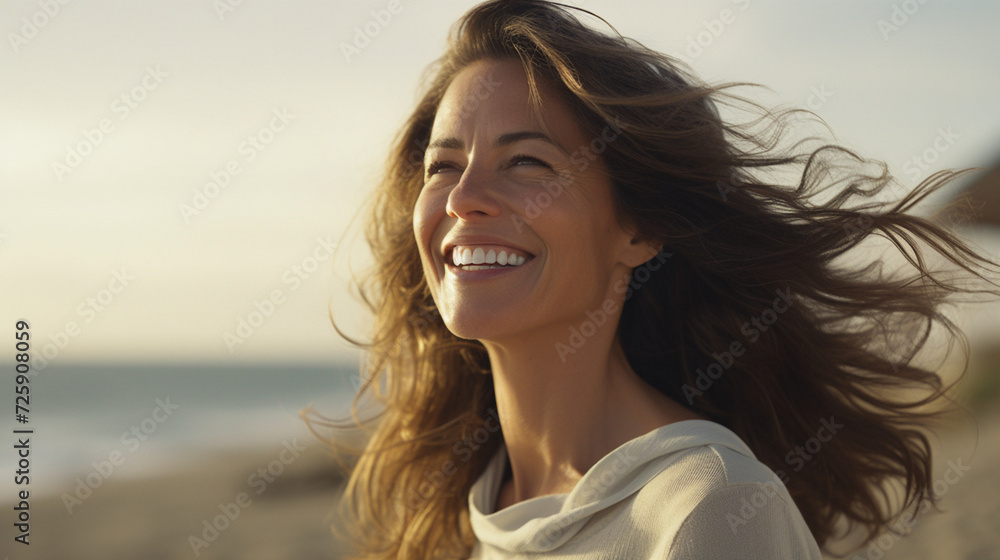 portrait of a happy smiling mature woman with loose hair in the wind on the beach portrait of a happy smiling mature woman with loose hair in the wind on the beach