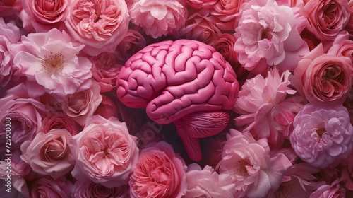 Pink Brain Surrounded by Pink Roses Flowers
