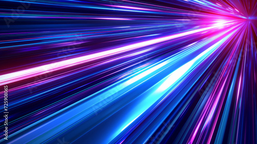 Horizontal blue neon stripes in vibrant colors, resembling fast-moving light tubes, create an energetic background with a sense of dynamic motion.