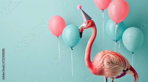 Pink Flamingo With Party Hat and Balloons
