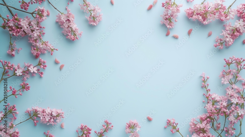 Romantic floral frame with tiny delicate pink lilac over a pastel blue background