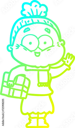 cold gradient line drawing cartoon happy old woman