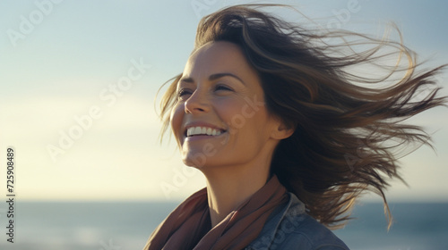 portrait of a happy smiling mature woman with loose hair in the wind on the beach