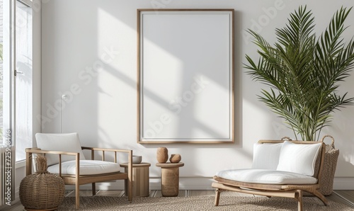 Living room interior with white sofa  coffee table  coffee table and vertical mock up poster frame. 