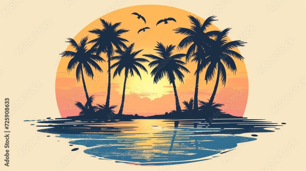 Sunset With Palm Trees and Birds Flying Over the Water