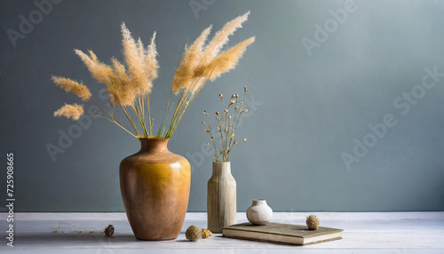 Minimalistyczne, proste tło z trawami i suchymi kwiatami w wazonach