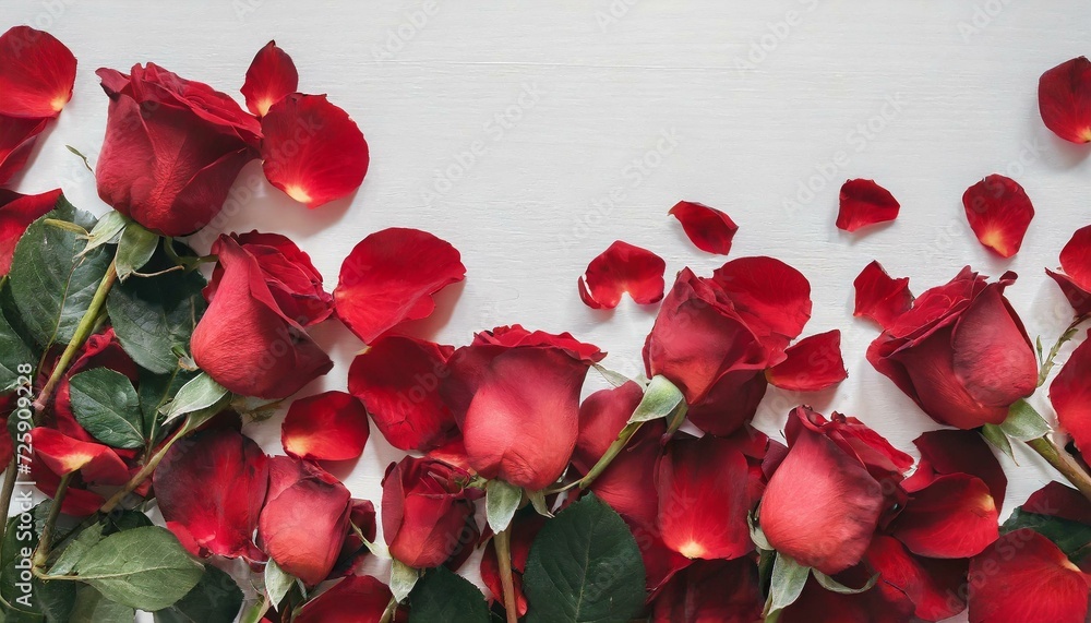 Fototapeta premium Pétales de roses rouges romantiques sur fond blanc. Posé à plat et vue de dessus avec un espace de copie 