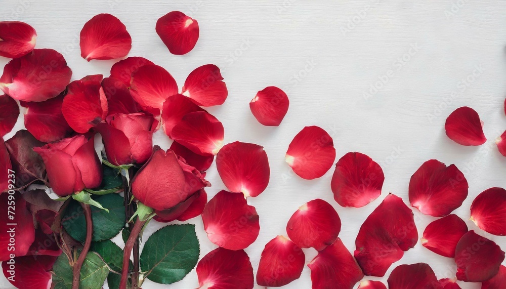Pétales De Roses Rouges Pétales de roses rouges romantiques sur fond blanc. Posé à plat et vue ...