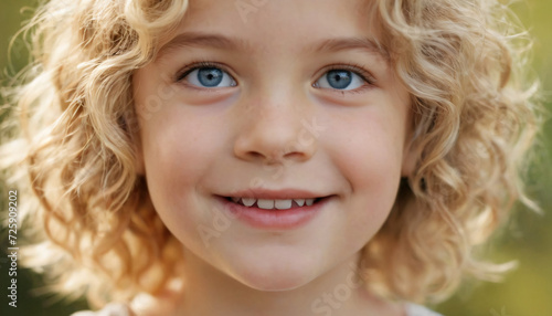 Young Blonde Girl with Curly Hair and Radiant Smile in Soft Light