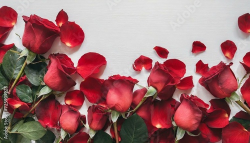 P  tales de roses rouges romantiques sur fond blanc. Pos      plat et vue de dessus avec un espace de copie 