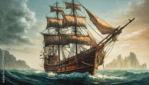 Barco pirata velejando em um mar sem fim photo