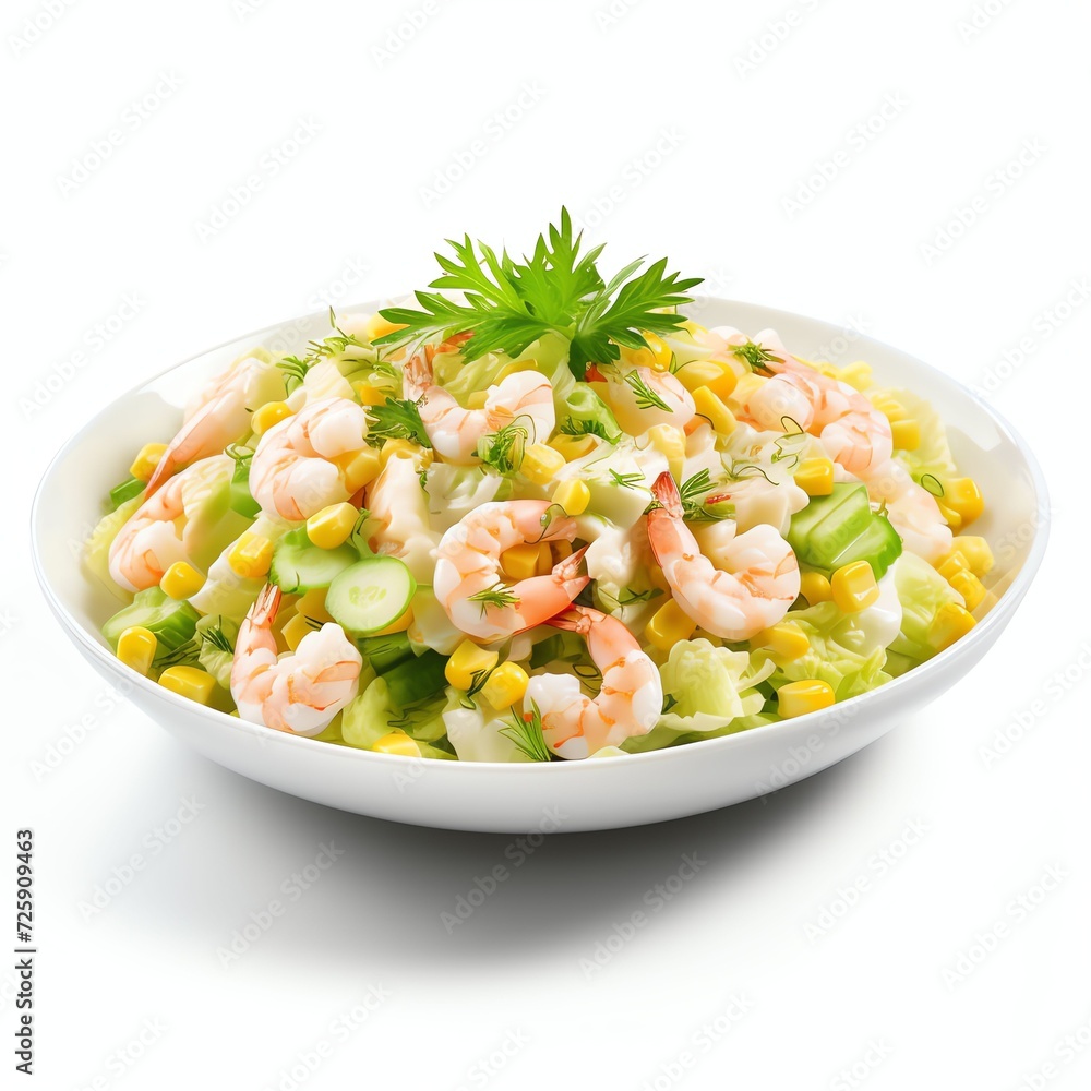 a white shrimp salad with lettuce corn and scallions, chopped, studio light , isolated on white background a white shrimp salad with lettuce corn and scallions, chopped, studio light , isolated on white background