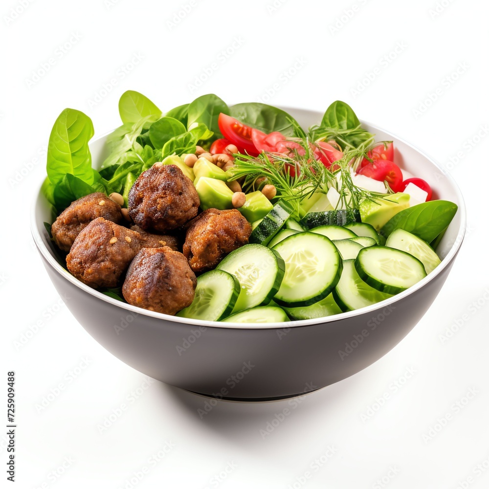 a vegan salad with beans meatballs, avocado and cucumber in white bowl, studio light , isolated on white background a vegan salad with beans meatballs, avocado and cucumber in white bowl, studio light , isolated on white background