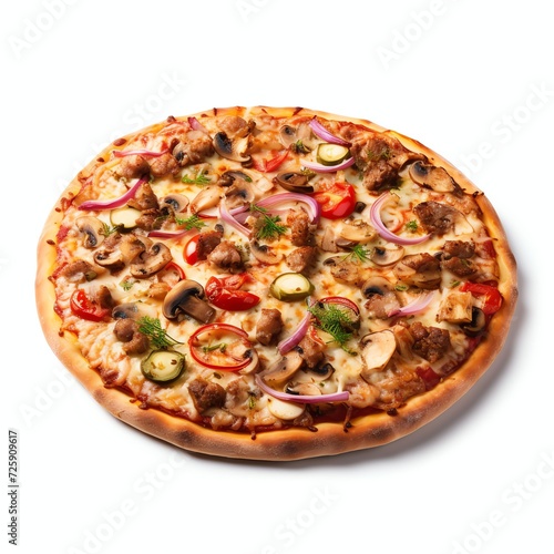 a traditional supreme pizza, studio light , isolated on white background